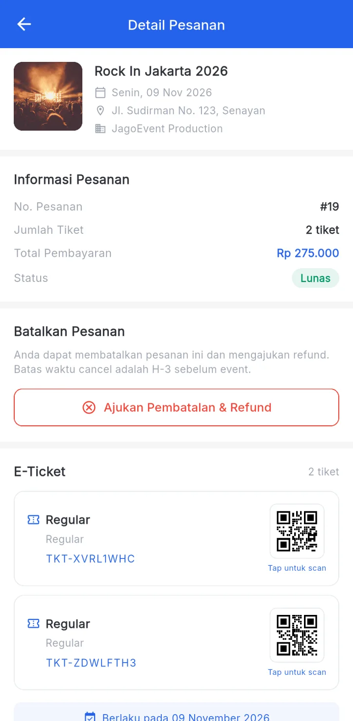 JagoEvent — detail pesanan refund, aplikasi HP