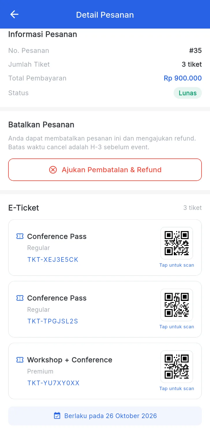 Tampilan JagoEvent: Setiap pengunjung mendapat e-tiket dengan QR sendiri.