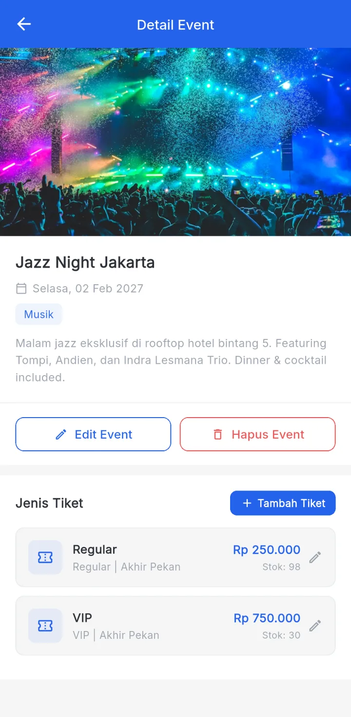Tampilan JagoEvent: Harga dan kuota diatur per jenis tiket.