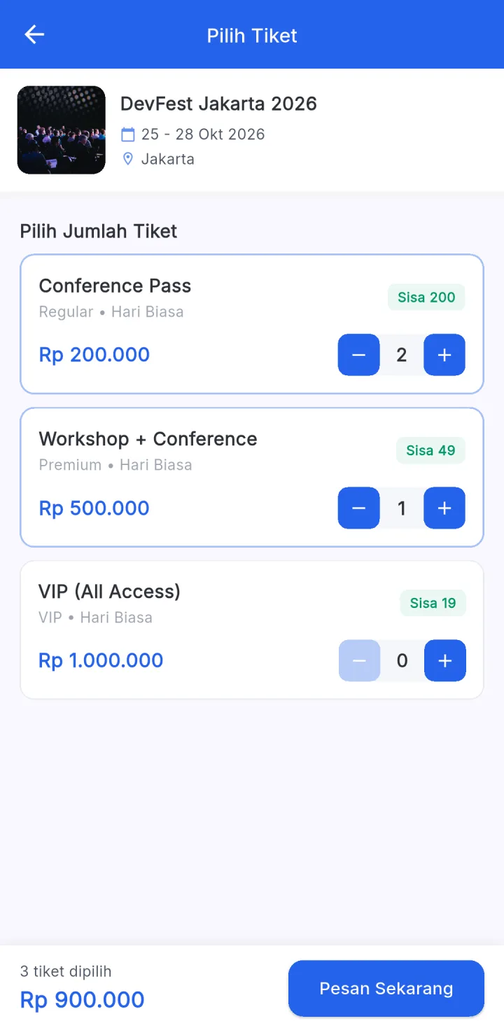 Tampilan JagoEvent: Tiket dibayar online, status lunas otomatis.