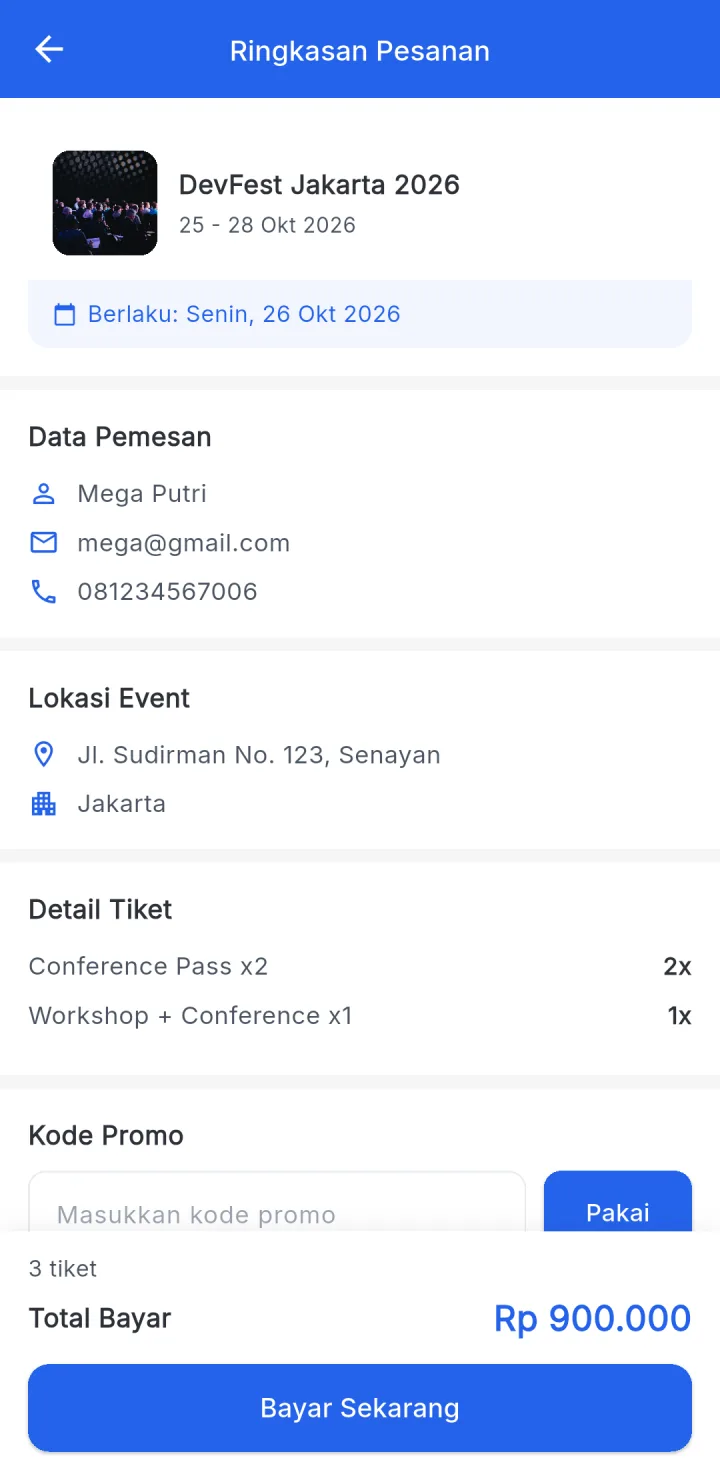Tampilan JagoEvent: Tiket dibayar online, status lunas otomatis.