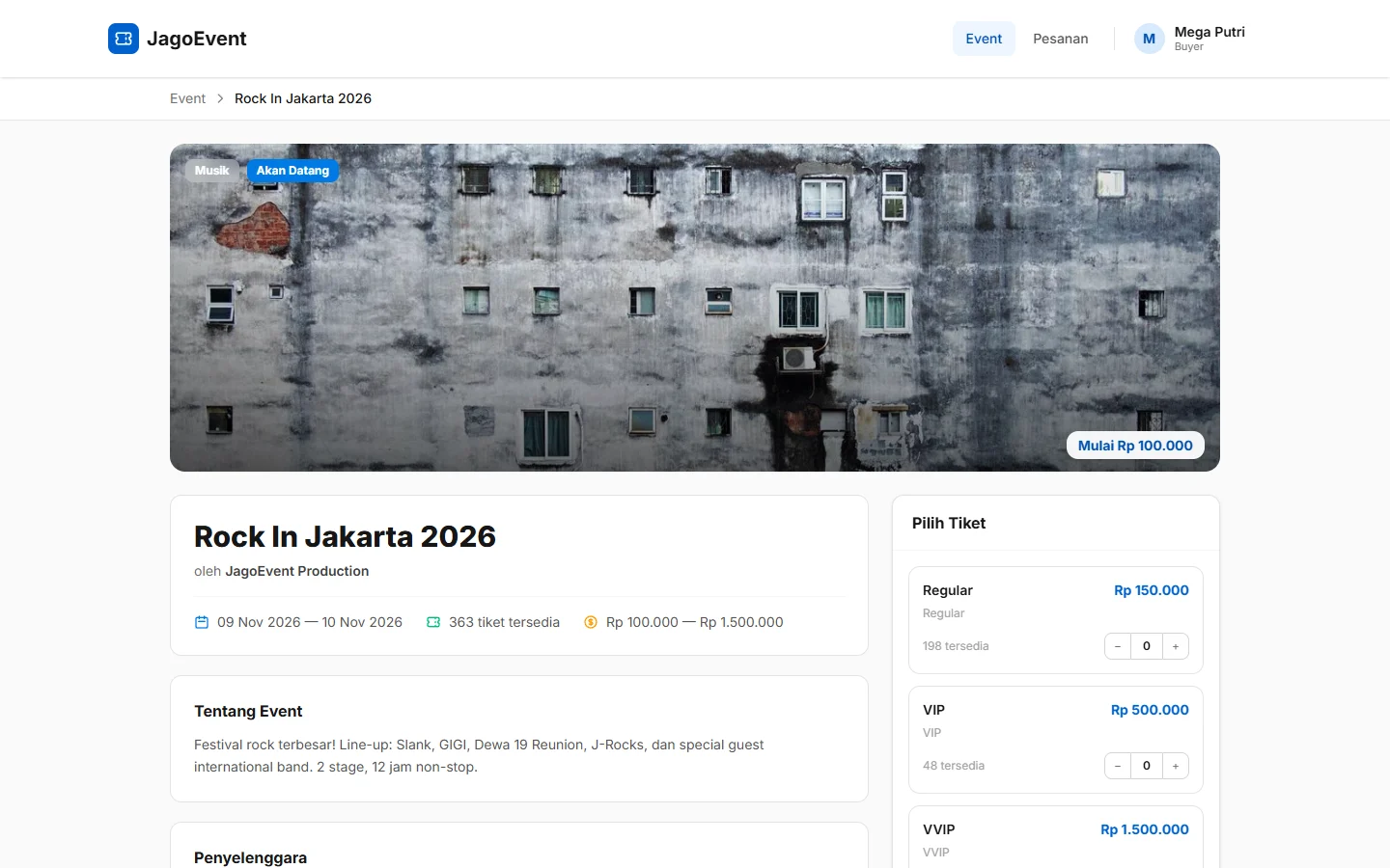 Tampilan JagoEvent: Pembeli menemukan event dan harga termurahnya.