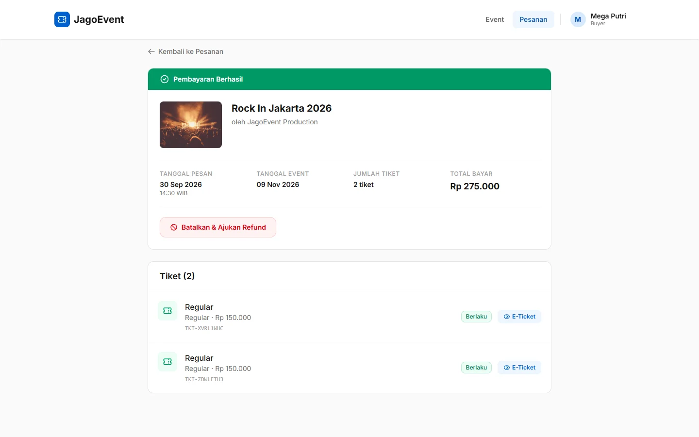 Tampilan JagoEvent: Pembatalan dan refund punya aturan yang jelas.