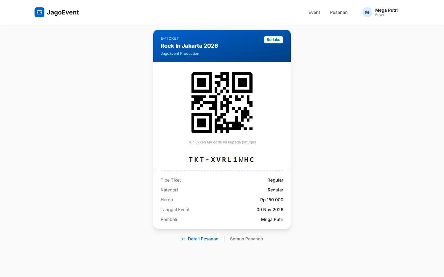 Tampilan JagoEvent: Setiap pengunjung mendapat e-tiket dengan QR sendiri.