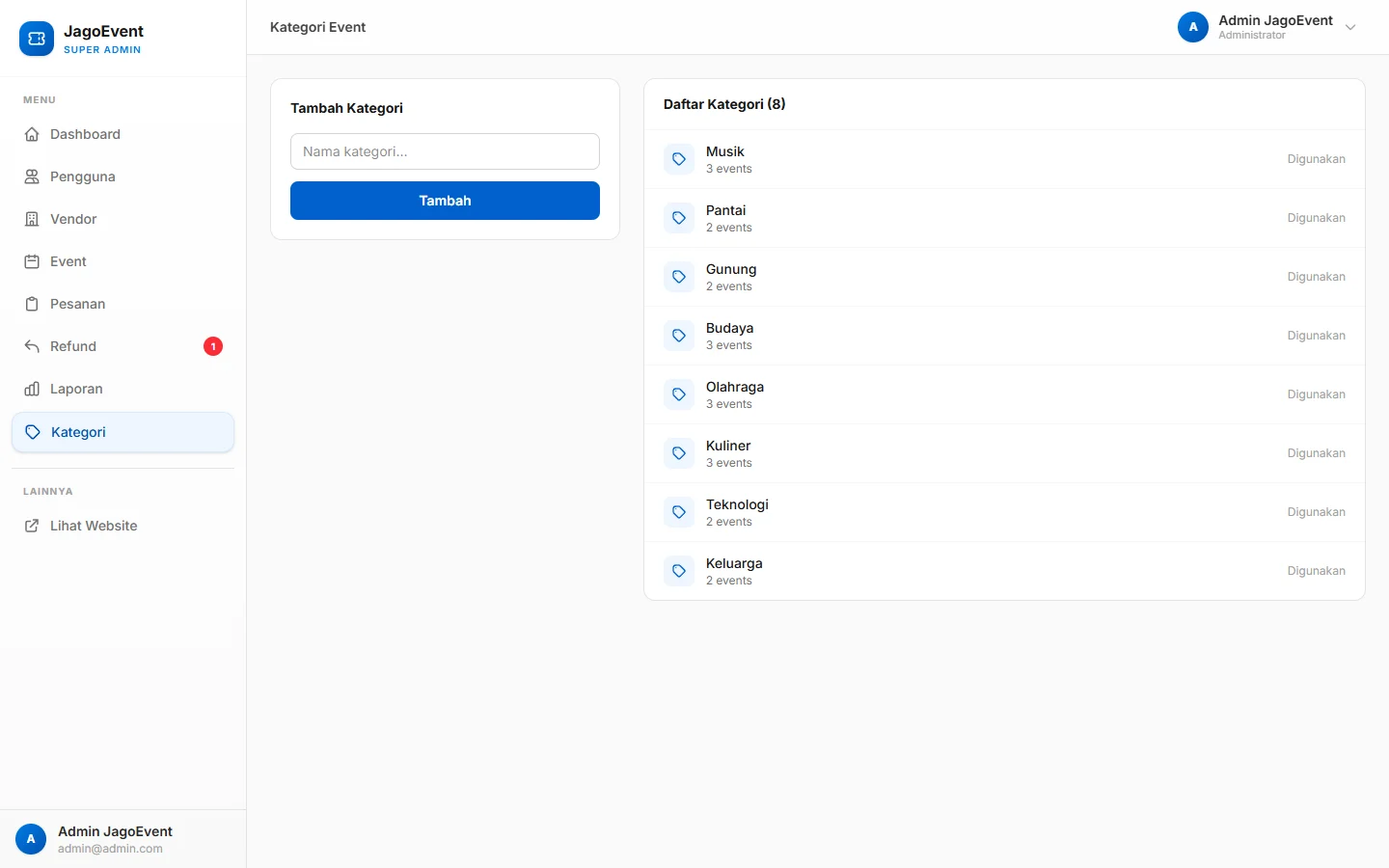 JagoEvent — kategori, dashboard web