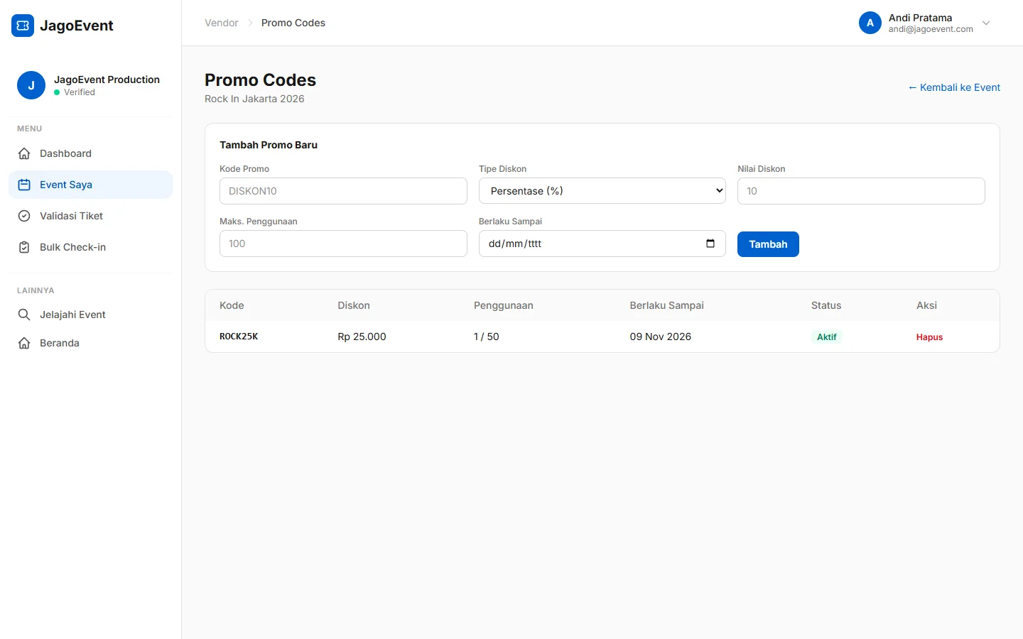 JagoEvent — kode promo, dashboard web
