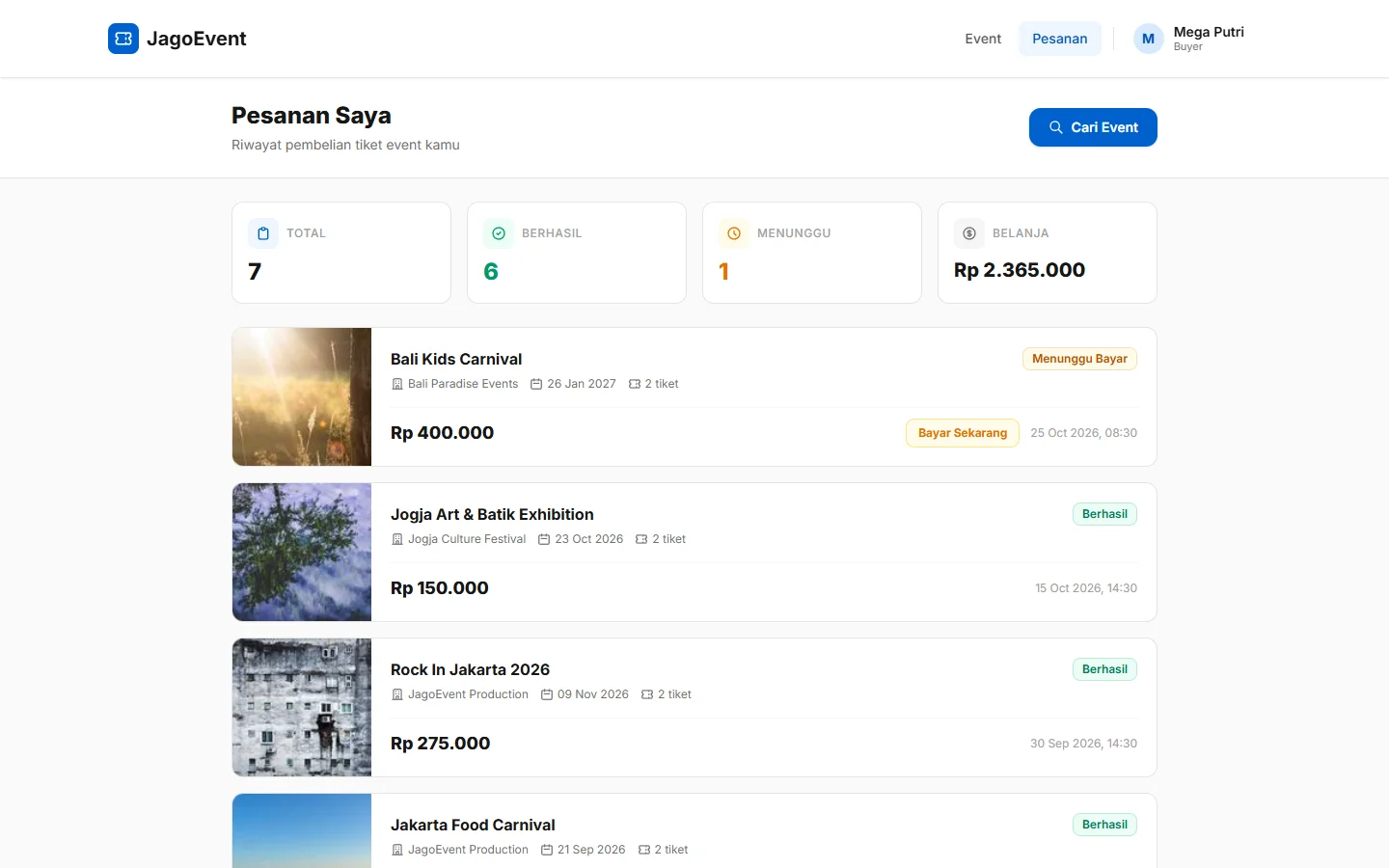 JagoEvent — pesanan saya, dashboard web