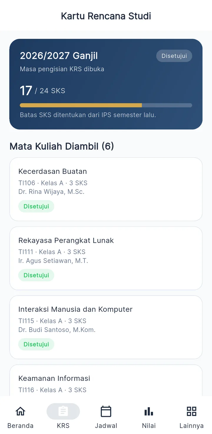 Tampilan JagoSIAKAD: Mahasiswa isi KRS dari HP, batas SKS dihitung otomatis.