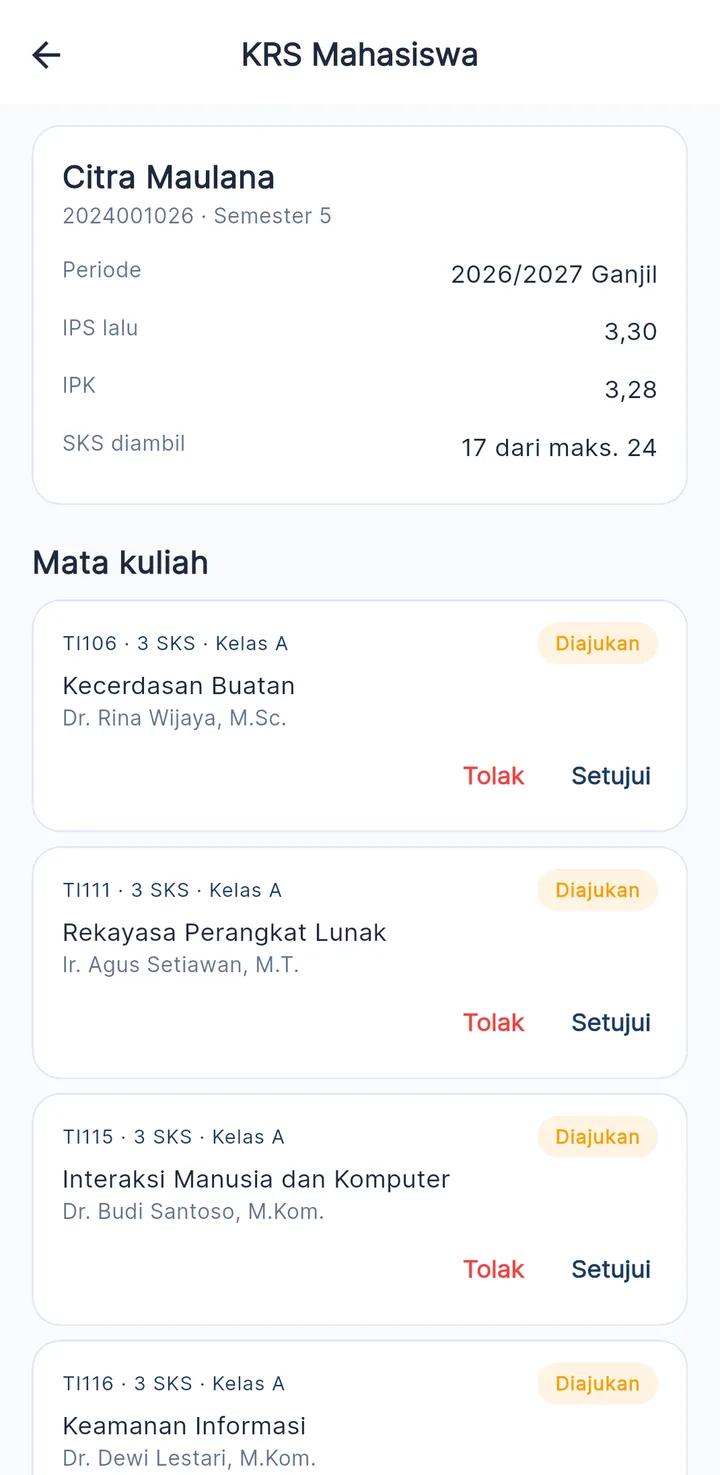 Tampilan JagoSIAKAD: Dosen wali menyetujui KRS dari HP.