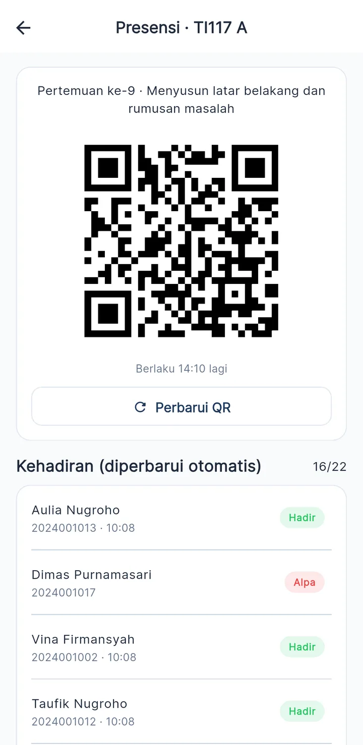 Tampilan JagoSIAKAD: Dosen menampilkan QR, daftar hadir terisi sendiri.