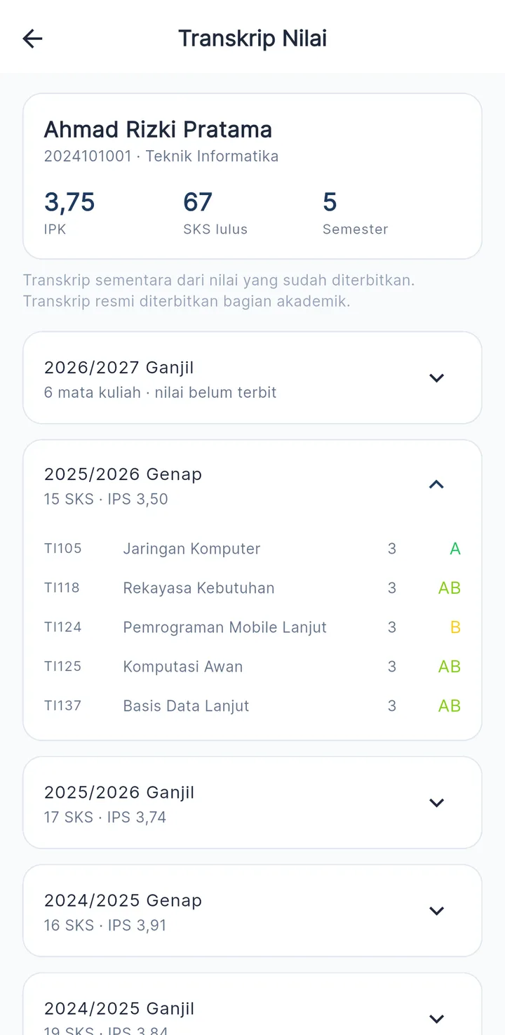 Tampilan JagoSIAKAD: Nilai dikunci dosen, IPK dihitung dari satu rumus.