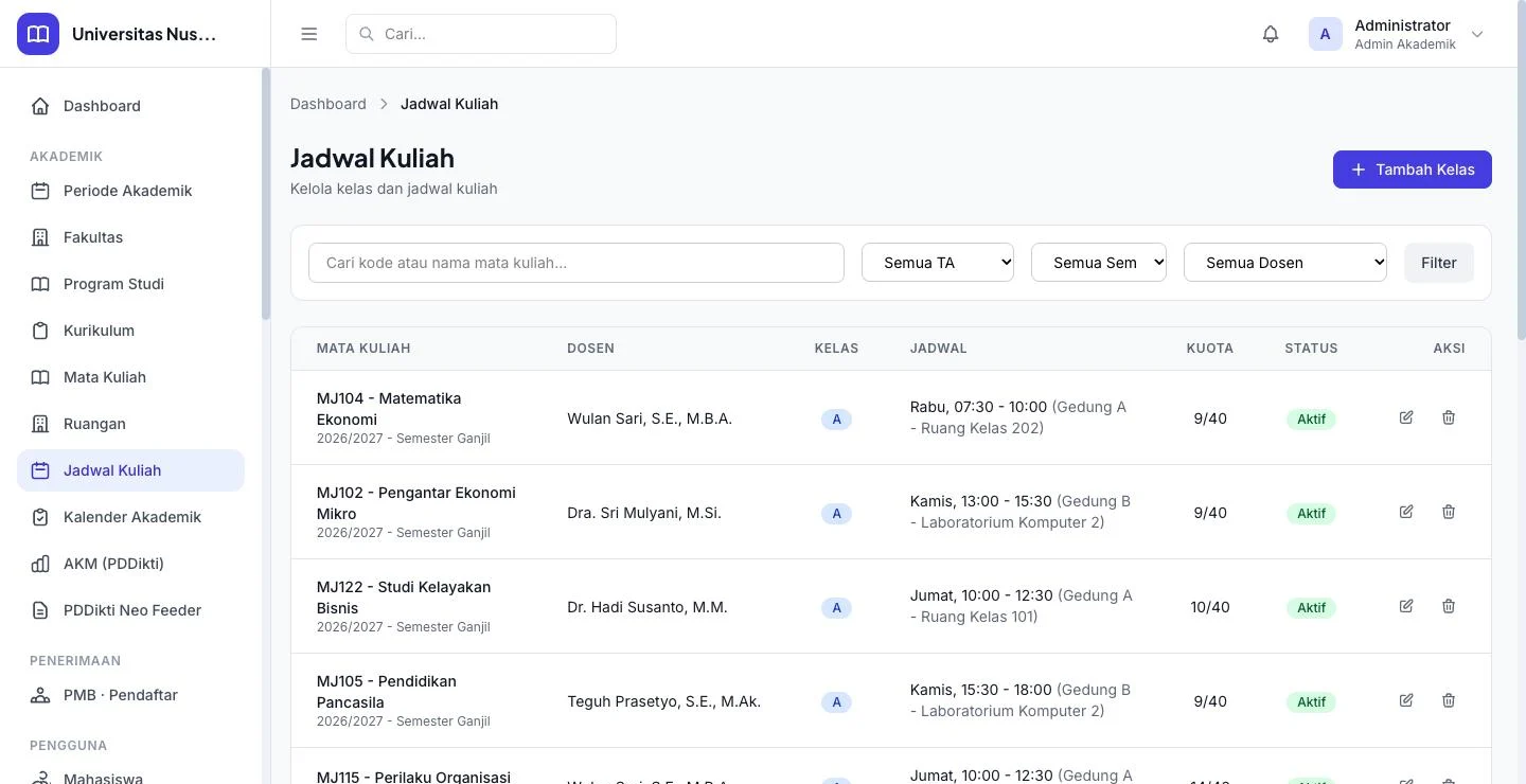 Tampilan JagoSIAKAD: Jadwal disusun tanpa bentrok ruang dan dosen.