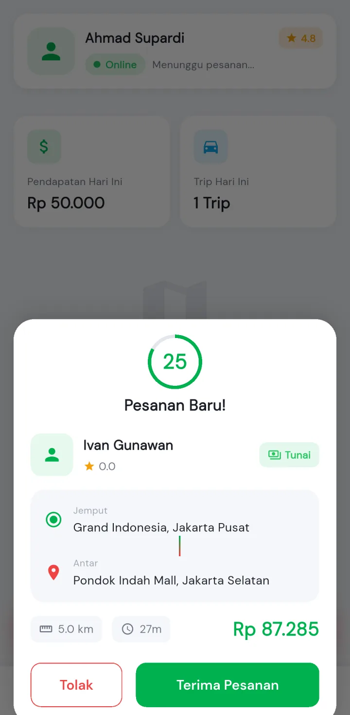 Tampilan JagoTaxi: Order masuk langsung ke HP driver.