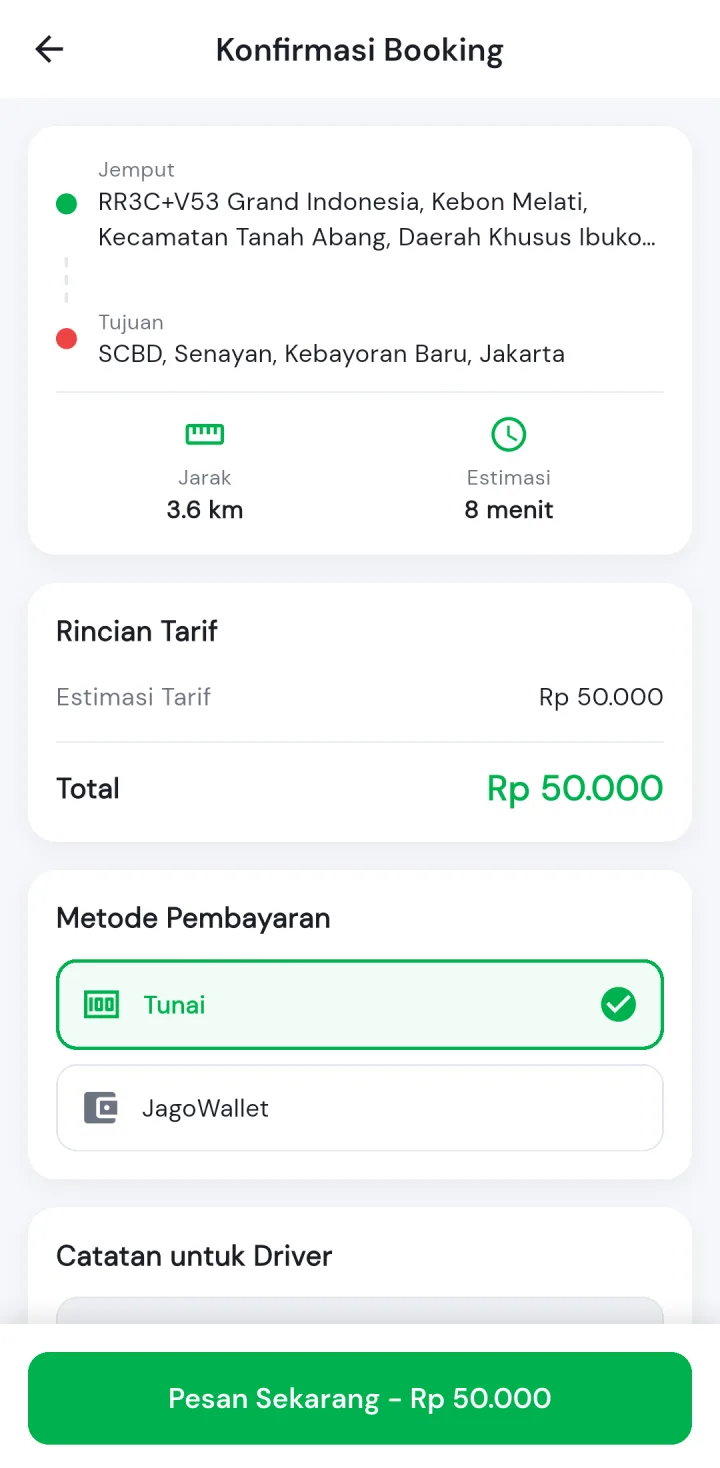 Tampilan JagoTaxi: Penumpang tahu tarifnya sebelum memesan.