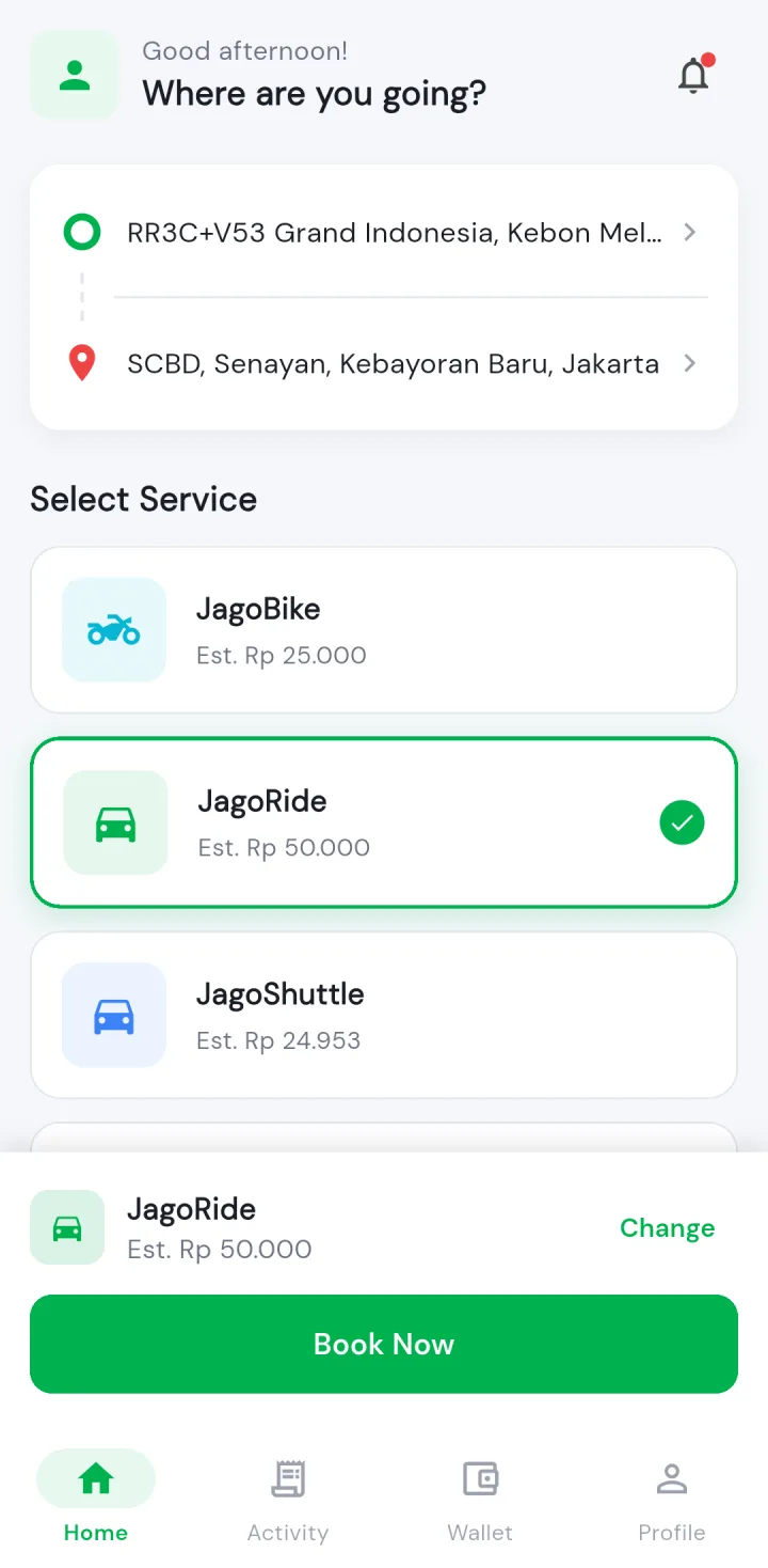 Tampilan JagoTaxi: Penumpang tahu tarifnya sebelum memesan.