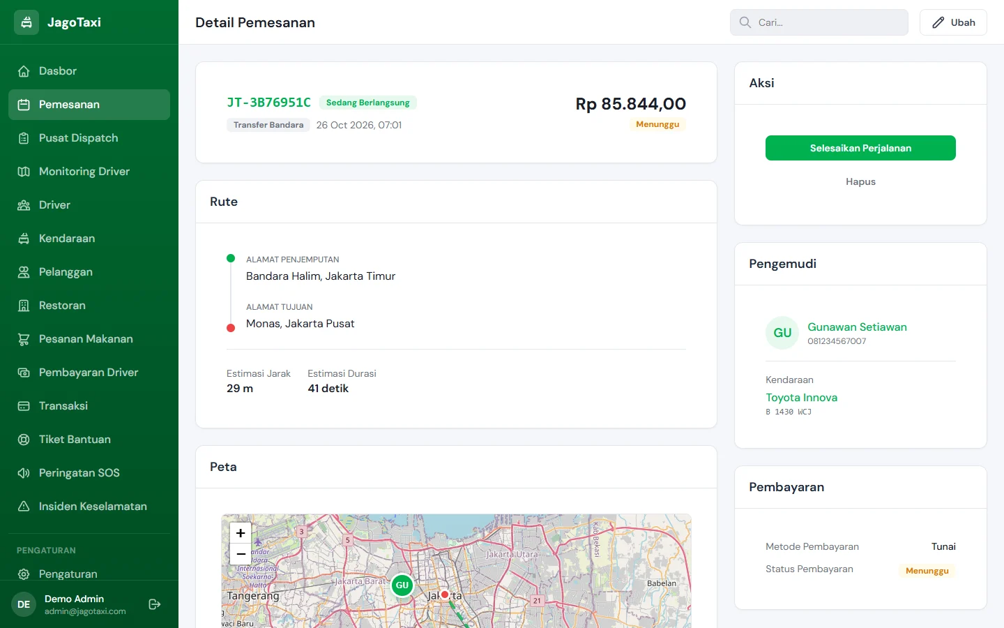Tampilan JagoTaxi: Tarif antar zona diatur dari dashboard.