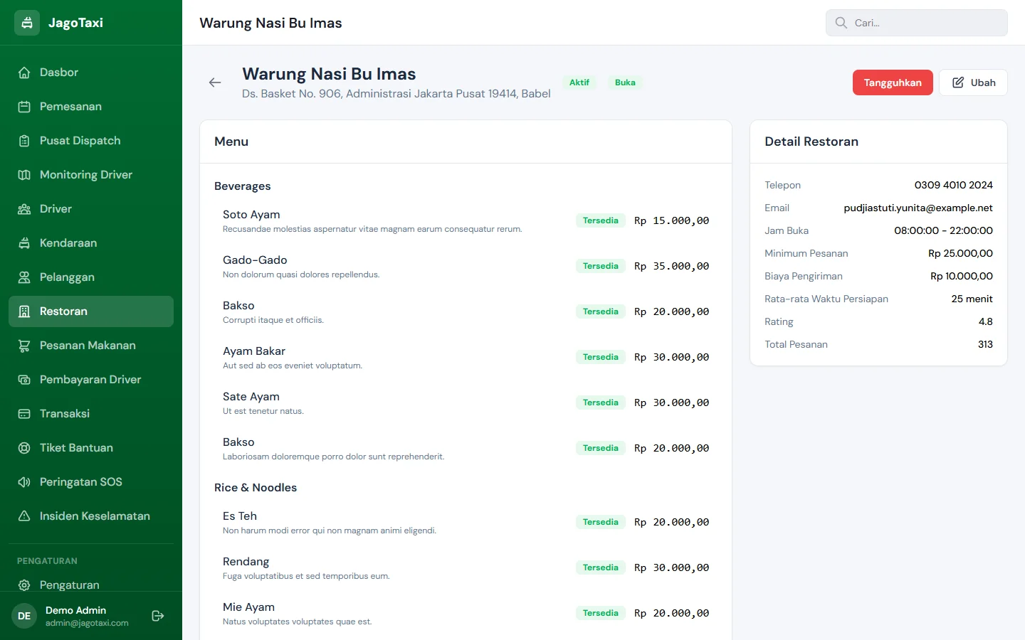 JagoTaxi — menu restoran, dashboard web
