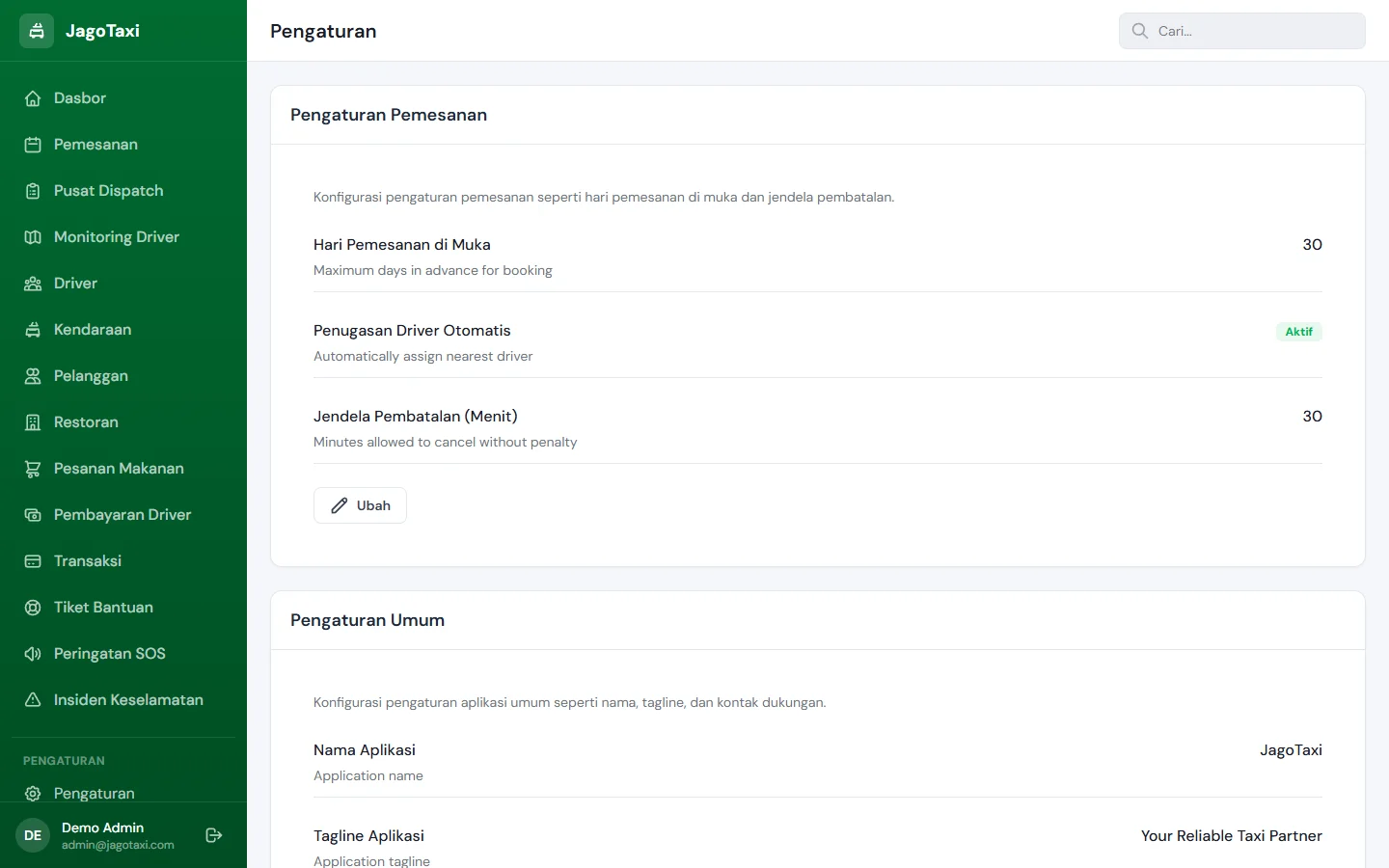 JagoTaxi — pengaturan, dashboard web