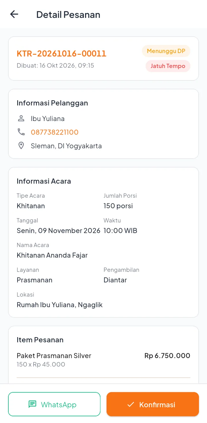 Tampilan KateringPro: Setiap pesanan punya jadwal DP dan pelunasan.