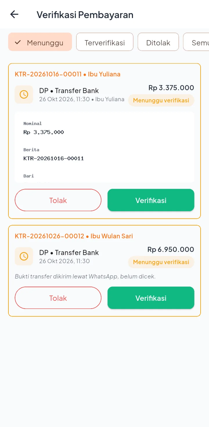 Tampilan KateringPro: Bukti transfer dicek dulu sebelum dihitung lunas.