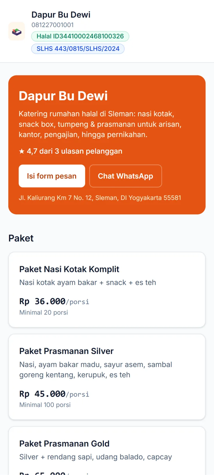 Tampilan KateringPro: Pelanggan bisa melihat paket dan memesan sendiri.