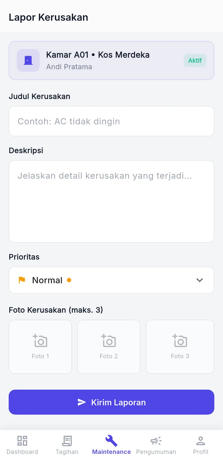 Tampilan KosPro: Laporan kerusakan tercatat sampai selesai.