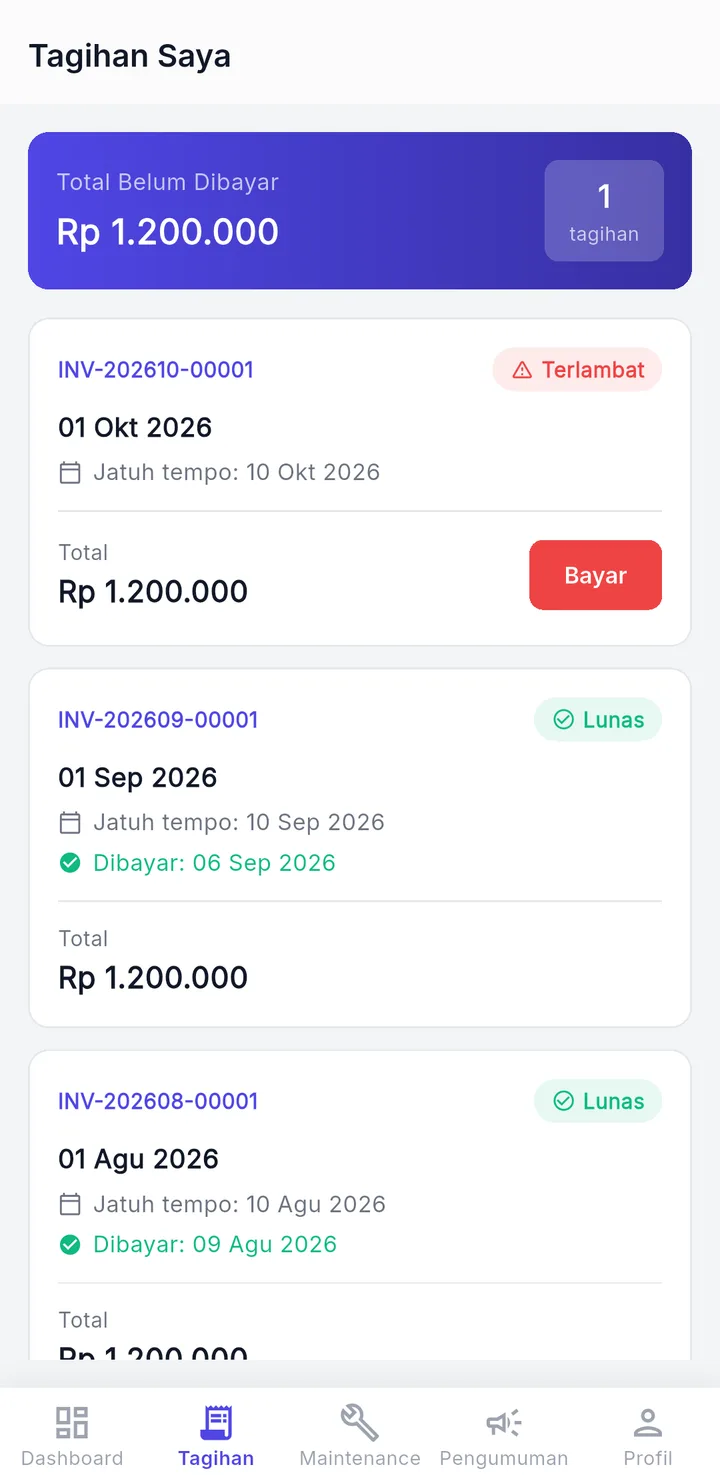 Tampilan KosPro: Penyewa melihat tagihan dan kontraknya sendiri.