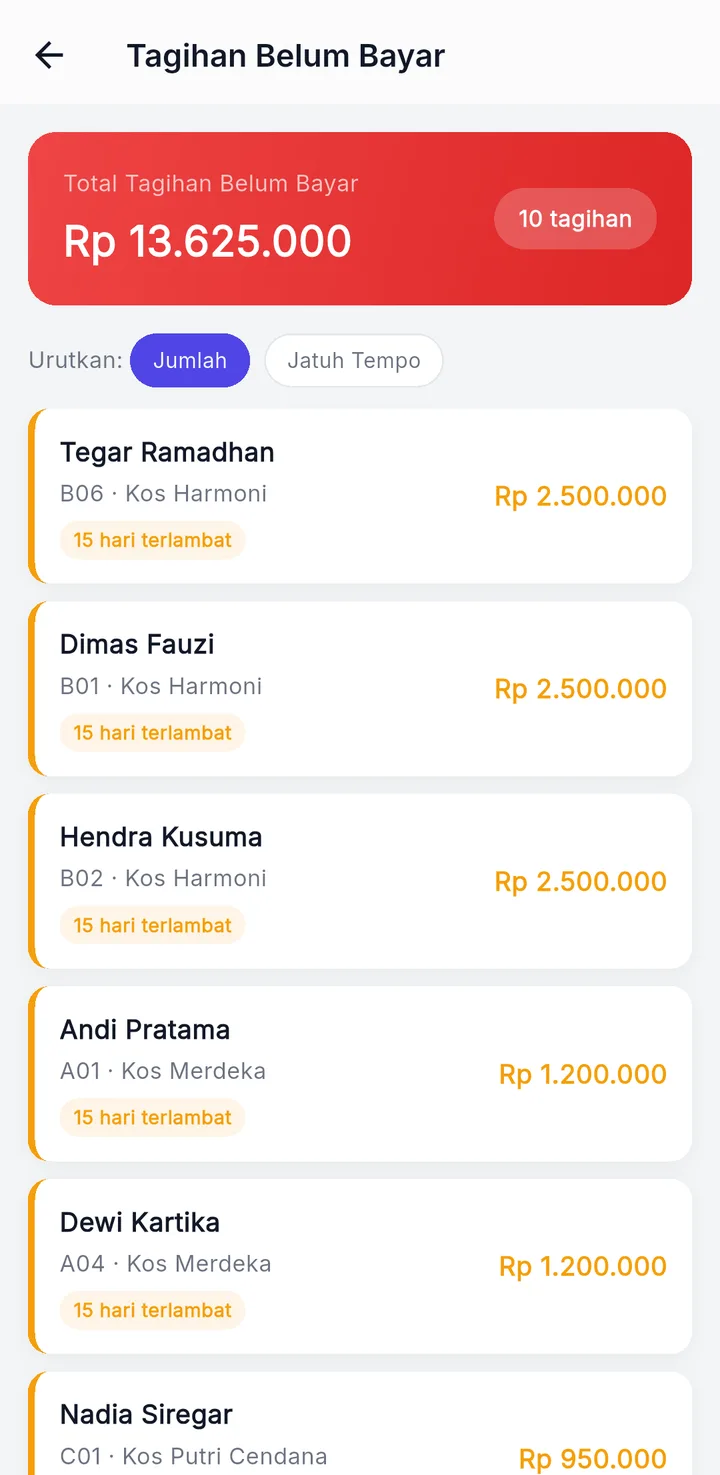 Tampilan KosPro: Tagihan bulanan dibuat otomatis setiap tanggal 1.
