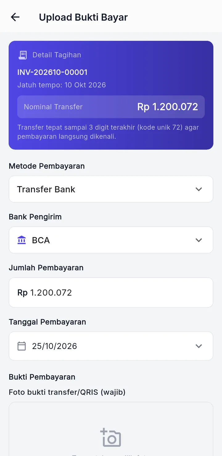 Tampilan KosPro: Penyewa unggah bukti transfer, pemilik tinggal verifikasi.