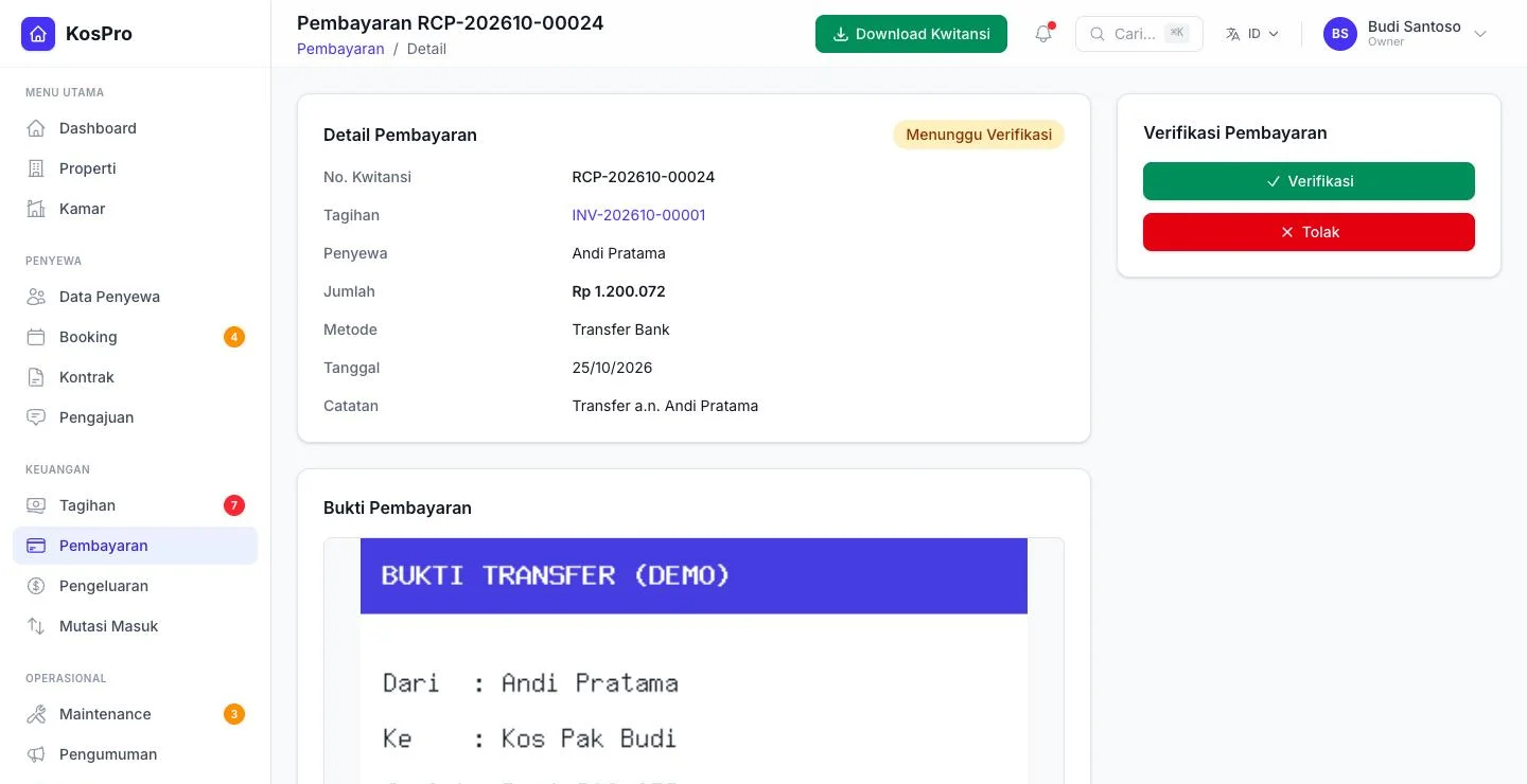 Tampilan KosPro: Penyewa unggah bukti transfer, pemilik tinggal verifikasi.