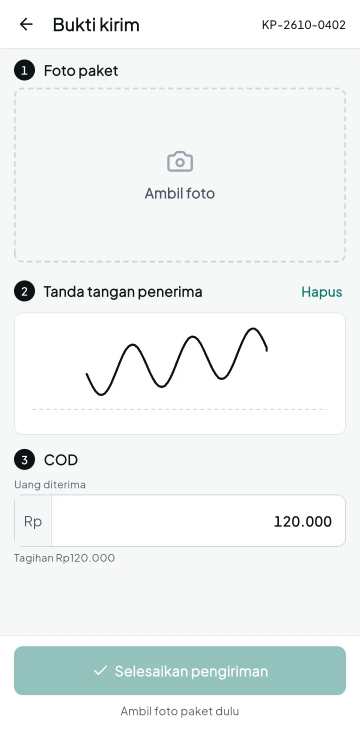 Tampilan KurirPro: Pengiriman baru selesai setelah ada bukti.