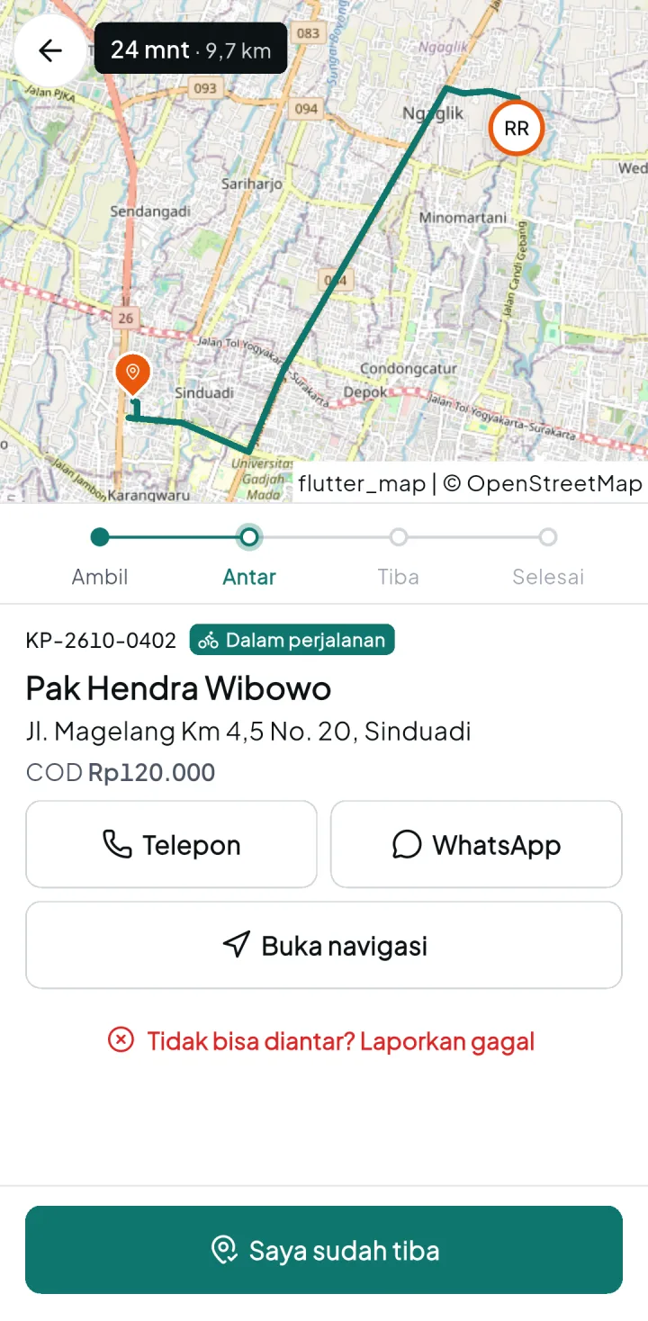Tampilan KurirPro: Kurir mengantar dengan rute dan langkah yang jelas.