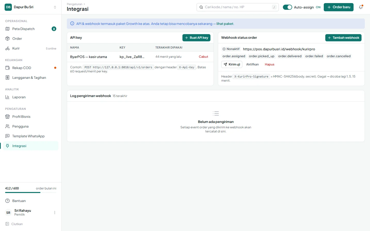 KurirPro — integrasi, dashboard web