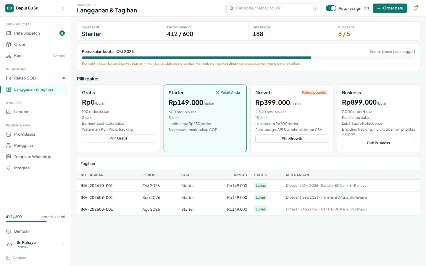 KurirPro — langganan, dashboard web