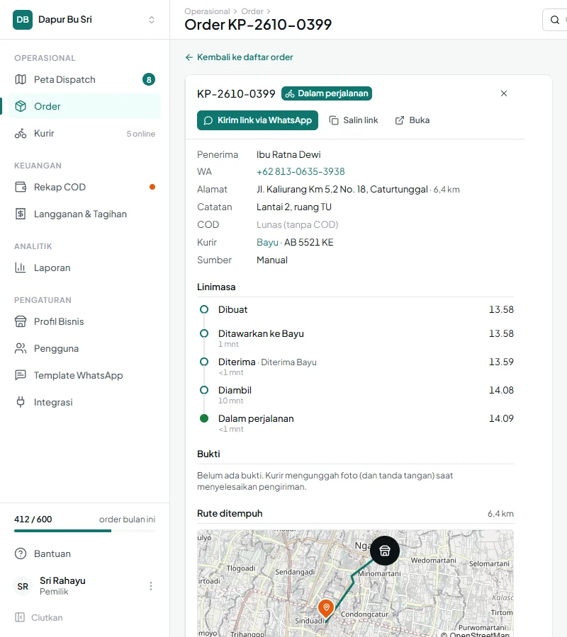 Tampilan KurirPro: Kurir mengantar dengan rute dan langkah yang jelas.