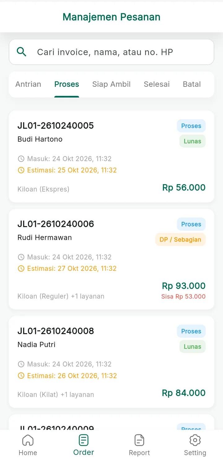 Tampilan LaundryPro: Semua cucian terpantau per status.