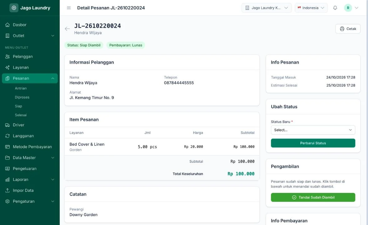 LaundryPro — dashboard detail pesanan
