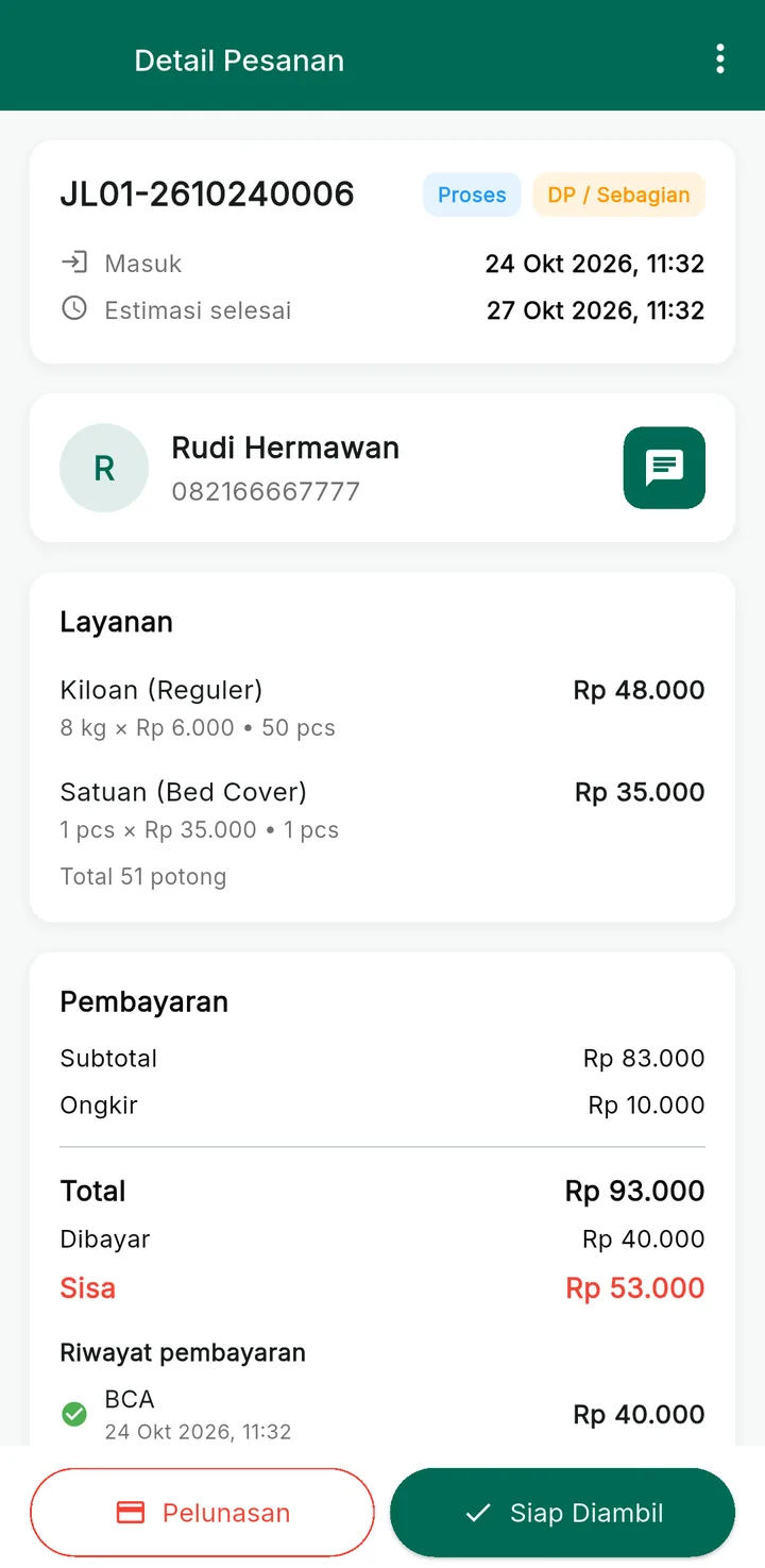 Tampilan LaundryPro: Semua cucian terpantau per status.