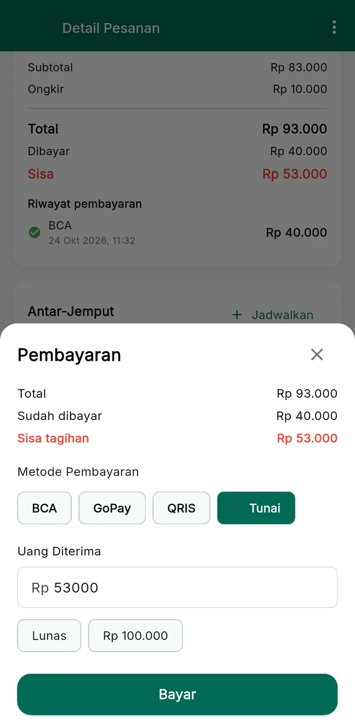 Tampilan LaundryPro: Bayar sekarang, DP dulu, atau nanti.