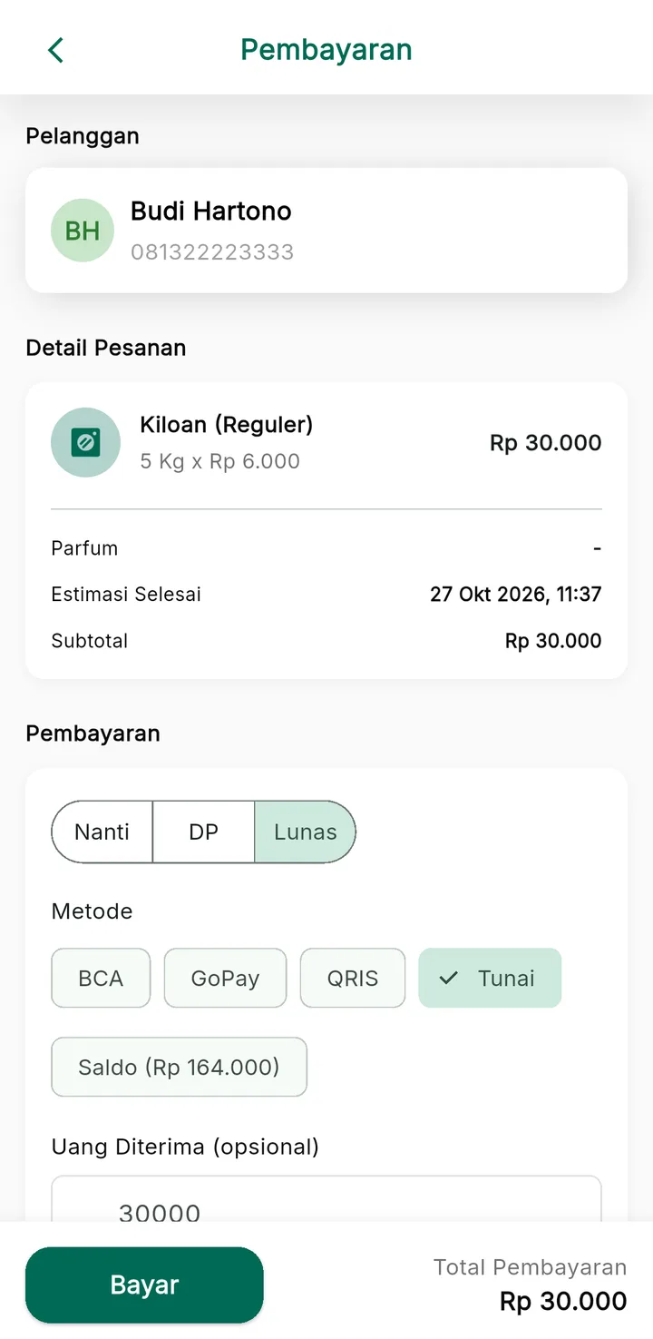 Tampilan LaundryPro: Bayar sekarang, DP dulu, atau nanti.