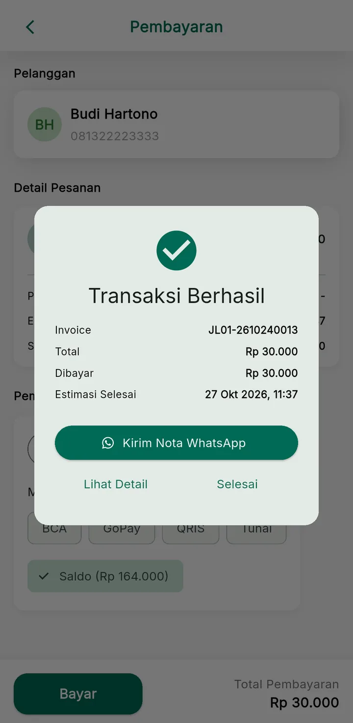 Tampilan LaundryPro: Nota langsung sampai ke WhatsApp pelanggan.