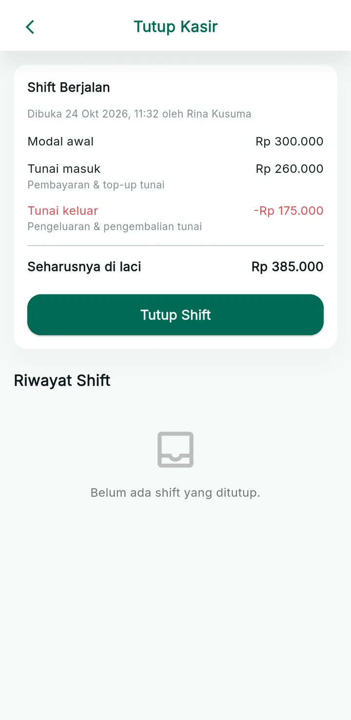 Tampilan LaundryPro: Uang laci cocok, akses karyawan terkendali.