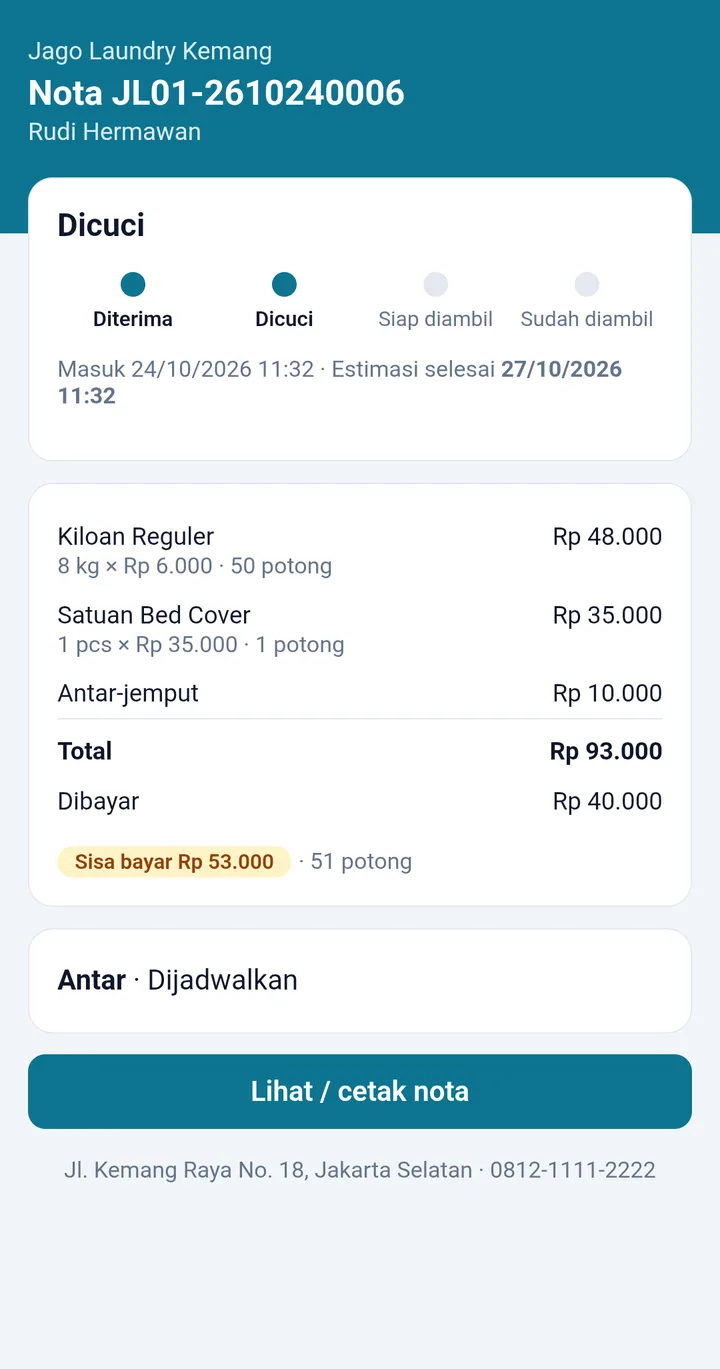 Tampilan LaundryPro: Pelanggan cek status sendiri, tanpa install aplikasi.