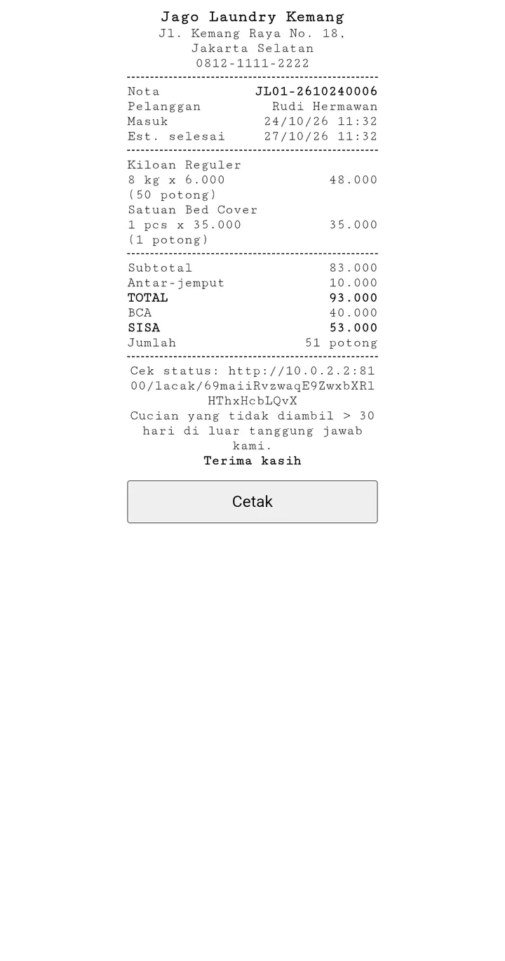Tampilan LaundryPro: Nota langsung sampai ke WhatsApp pelanggan.