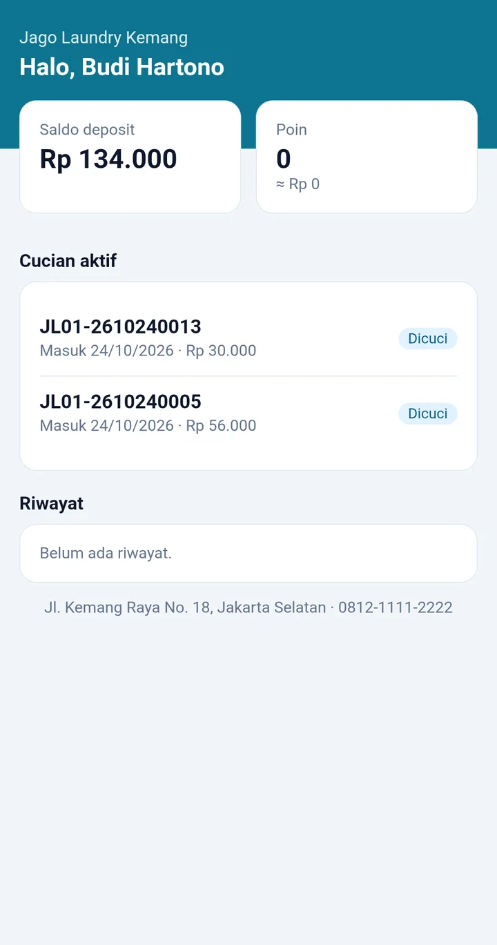 Tampilan LaundryPro: Saldo deposit dan poin untuk pelanggan setia.