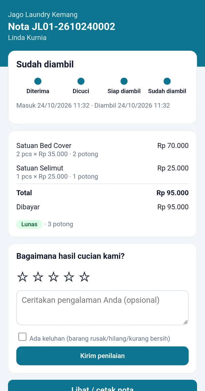 Tampilan LaundryPro: Pelanggan cek status sendiri, tanpa install aplikasi.