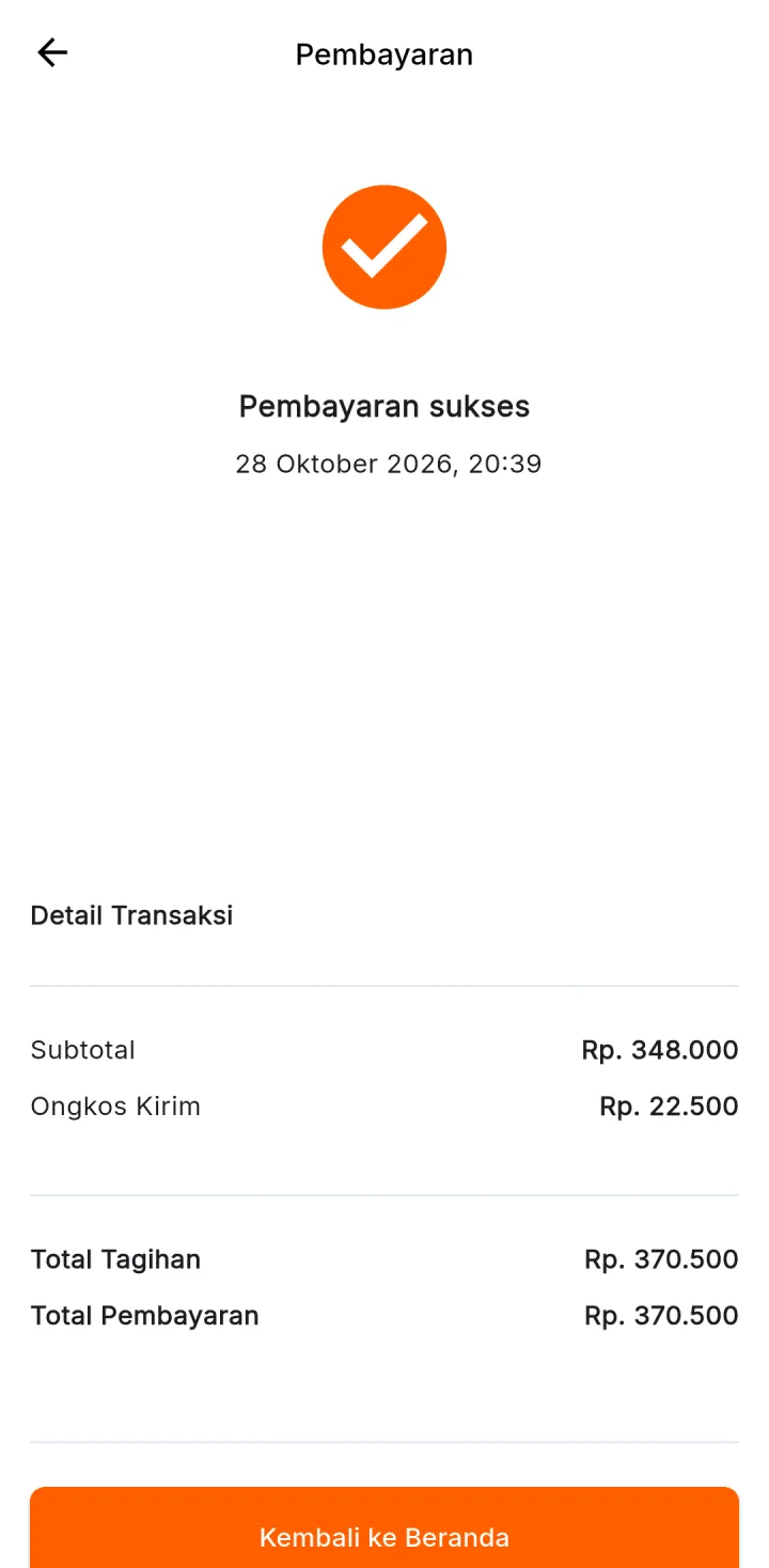 Marketplace Multi-Toko — bayar berhasil, aplikasi HP