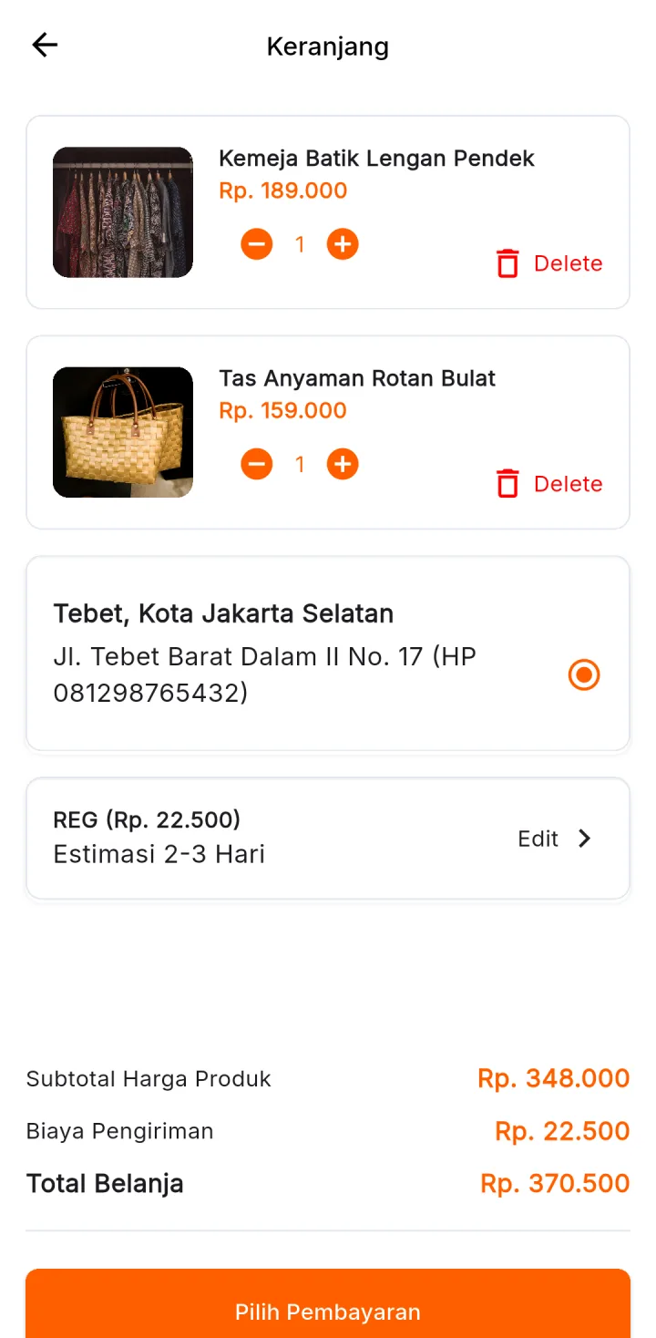 Tampilan Marketplace Multi-Toko: Ongkir muncul setelah alamat dipilih.