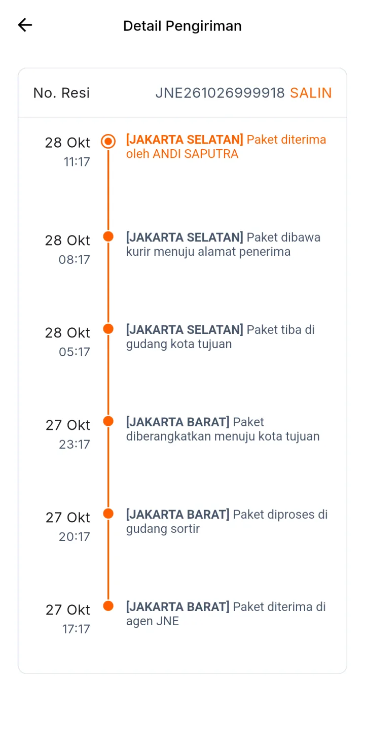 Tampilan Marketplace Multi-Toko: Status pesanan dan perjalanan paket.