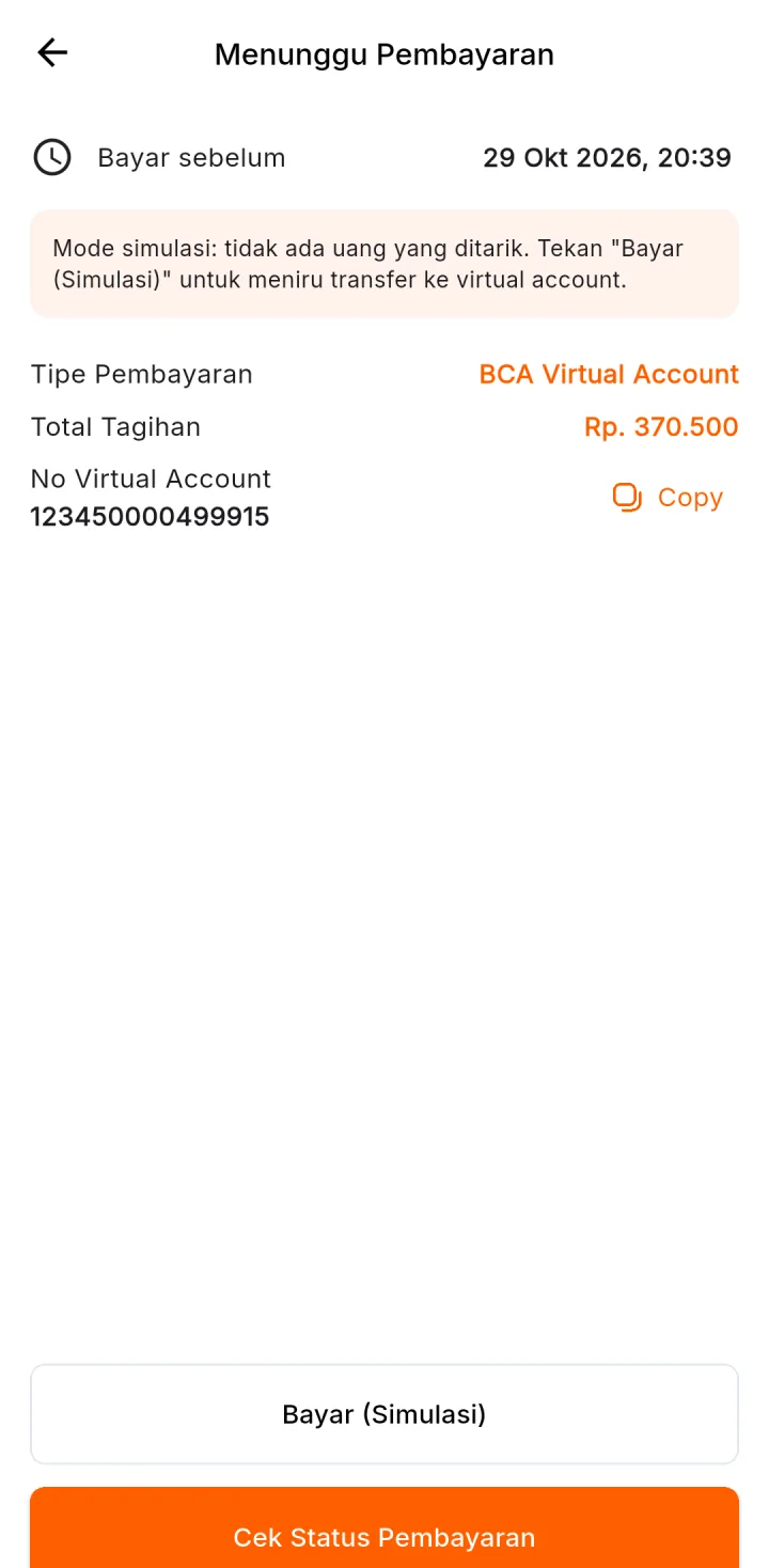 Tampilan Marketplace Multi-Toko: Bayar lewat virtual account bank pilihan.